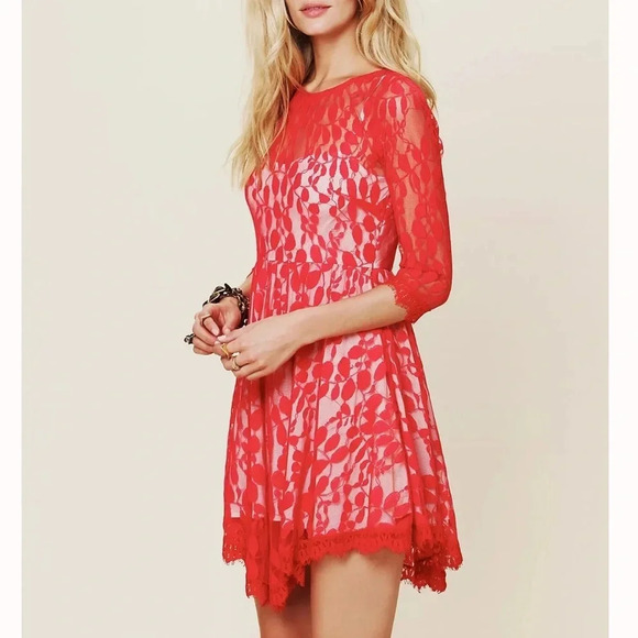 Free People Dresses & Skirts - Free People Red Floral Mesh Mini Dress 3/4 Sleeve Womens Size 4